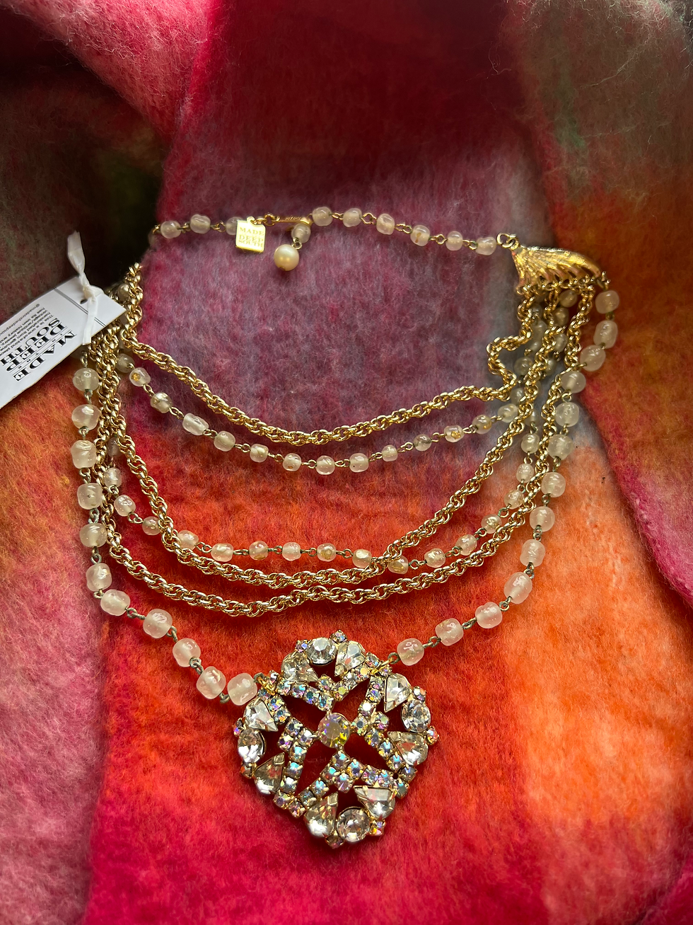 Made in the Deep South Gold & Beaded Multi Strand Necklace Rhinestone Brooch