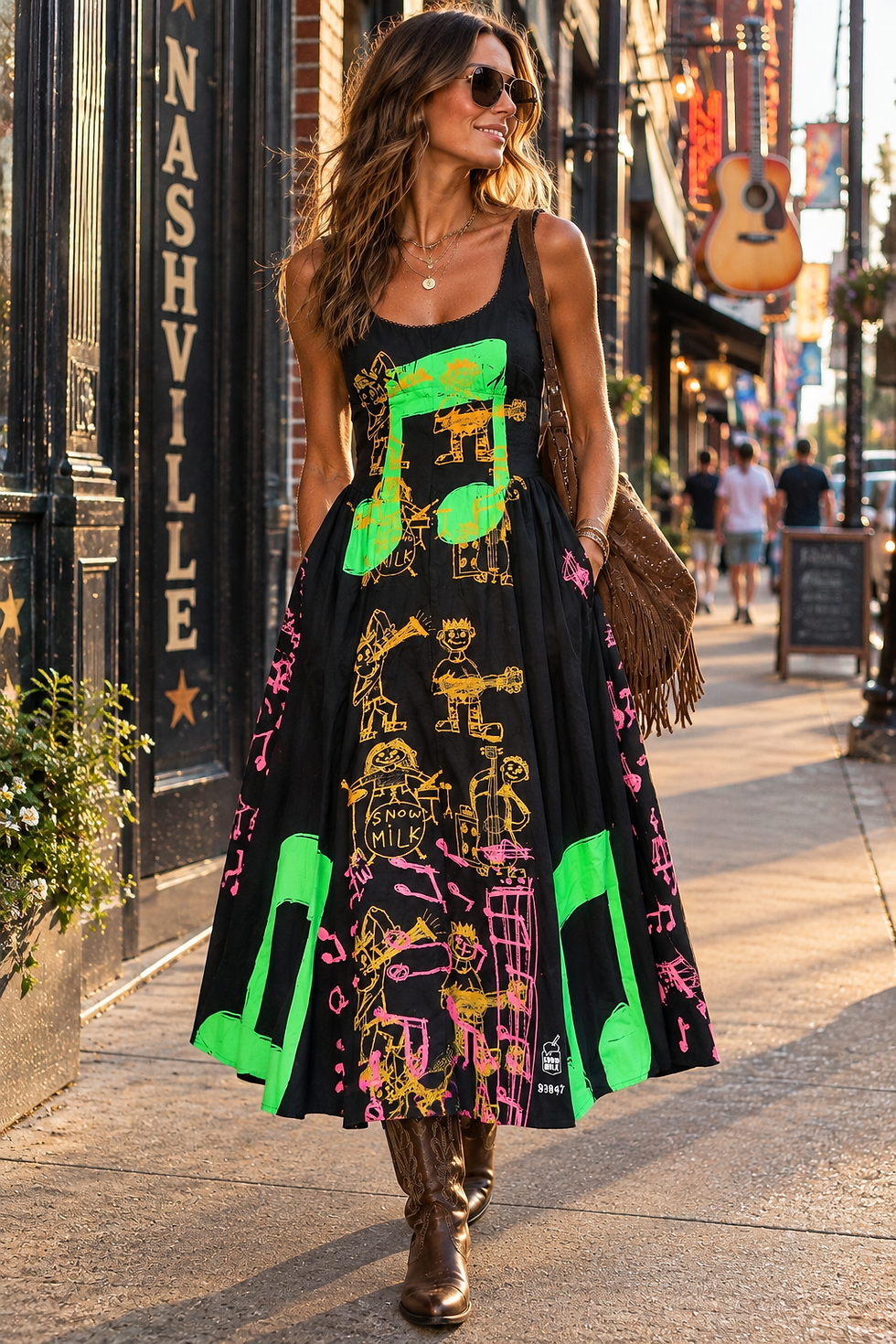 The Nashville black Abercrombie Dylan Bra-Free Midi Dress customized with musical note artwork by Snow Milk for Moxie Tales