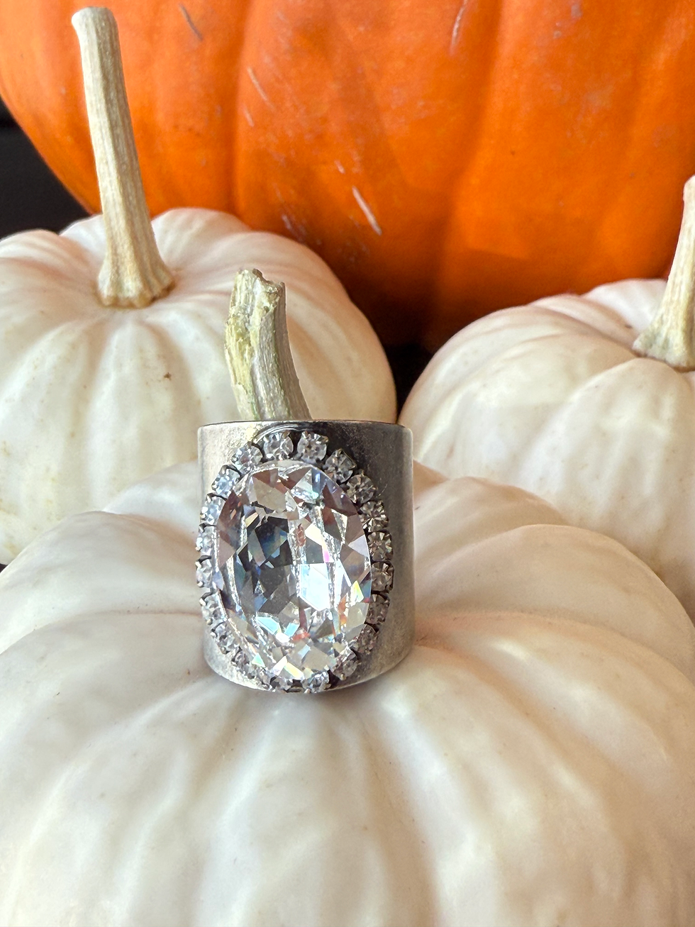 Thumbnail: Adjustable antique silver base ring with clear crystals