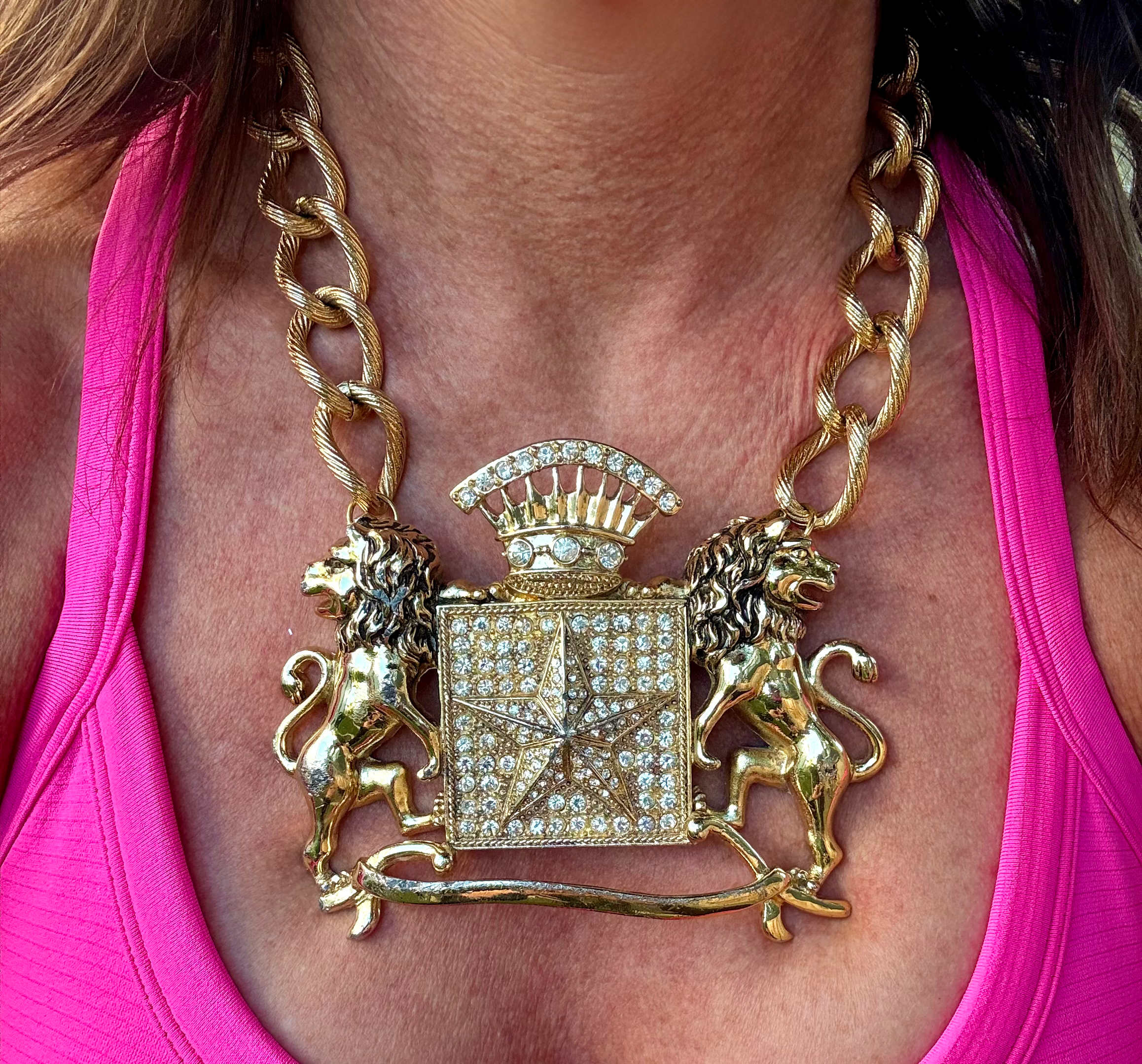 Vintage Gold Belt Buckle Necklace Lions with pink tank top