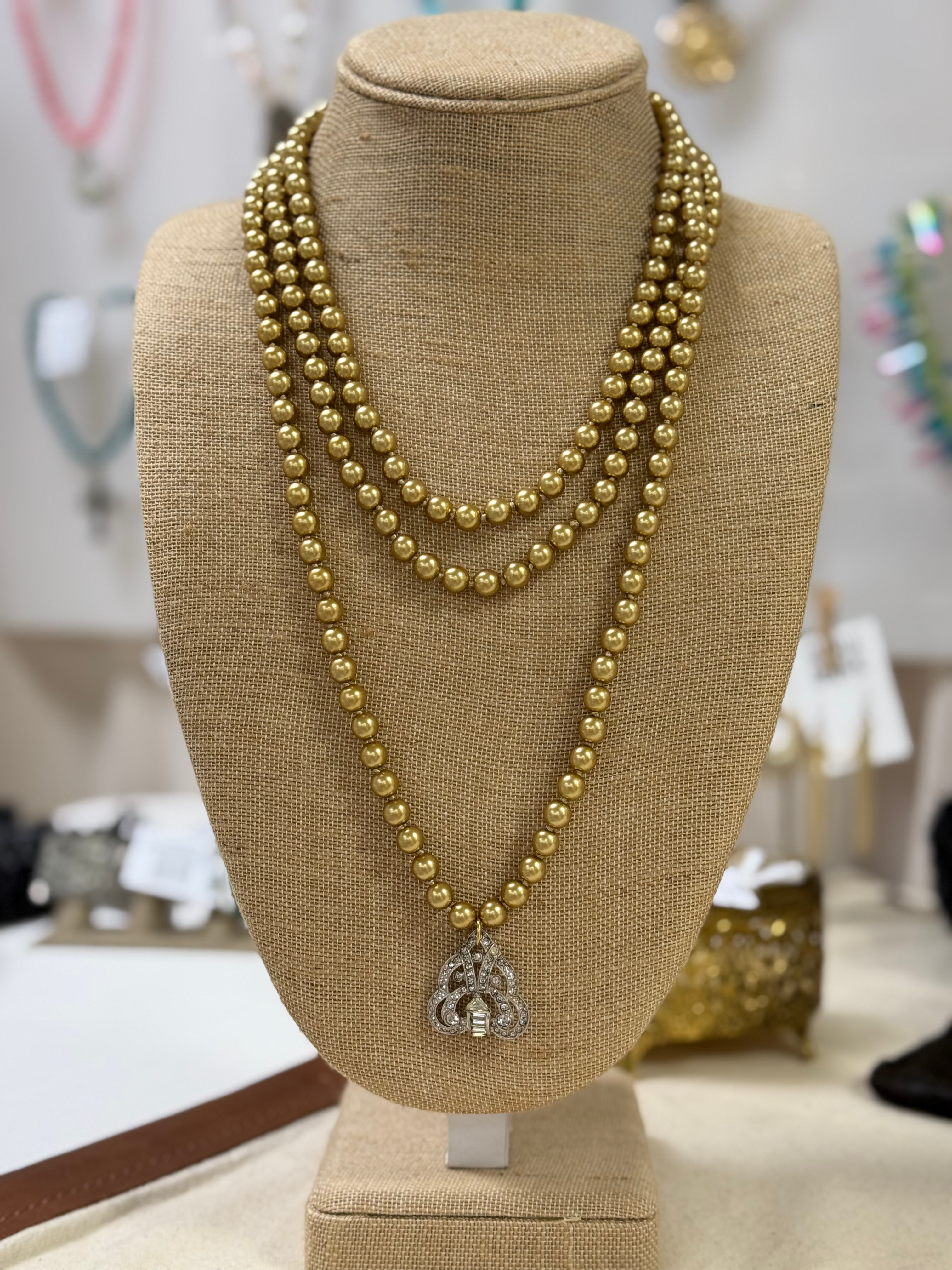 Vintage Gold Glass Long Pearl Necklace by Made in the Deep South