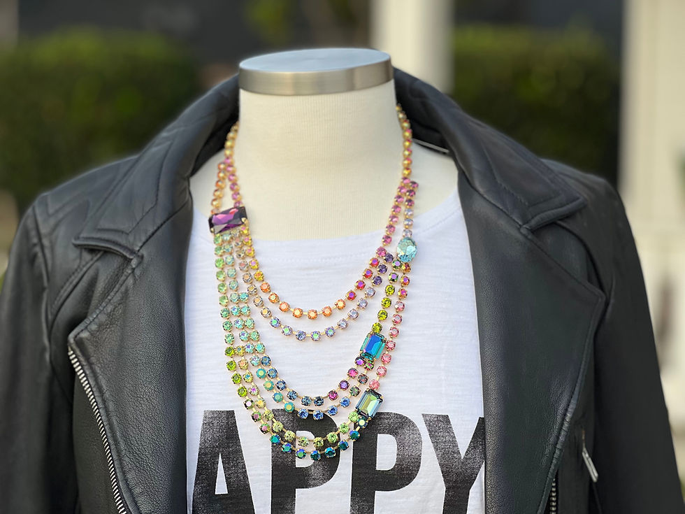 Thumbnail: Rainbow Crystal Multi Strand Necklace on Black Dress