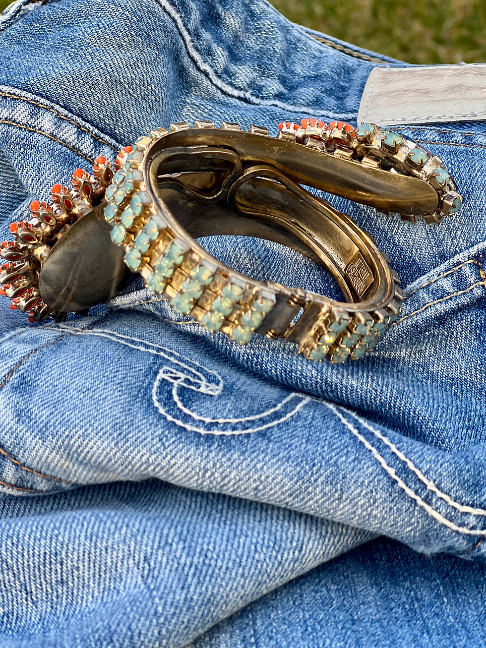 Thumbnail: Orange Turquoise Giant Swarovski Crystal Bracelet on blue jeans