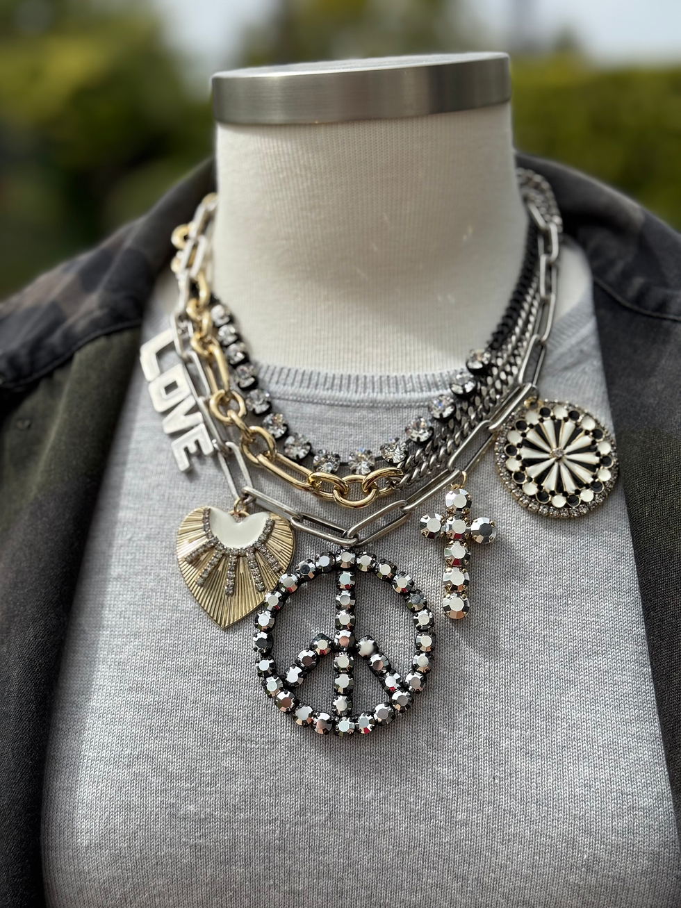 Thumbnail: Rhinestone Peace Heart Cross Necklace on Light Grey Sweater