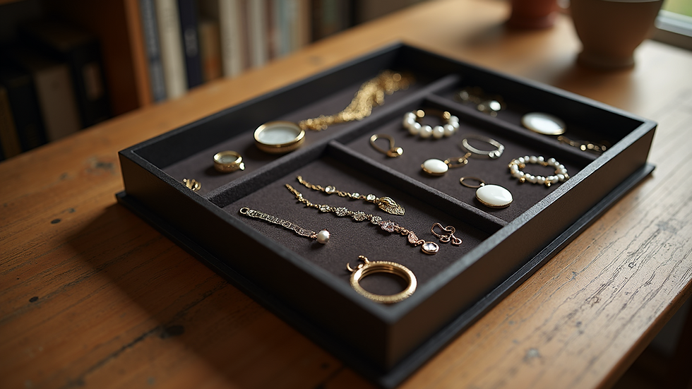 High angle view of a neatly arranged jewelry box with various storytelling accessories