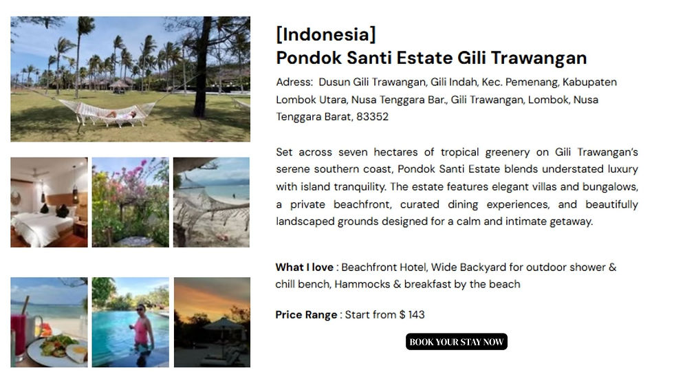 Travel with tarry laurensia staycation Pondok Santi estate gili trawangan Indonesia