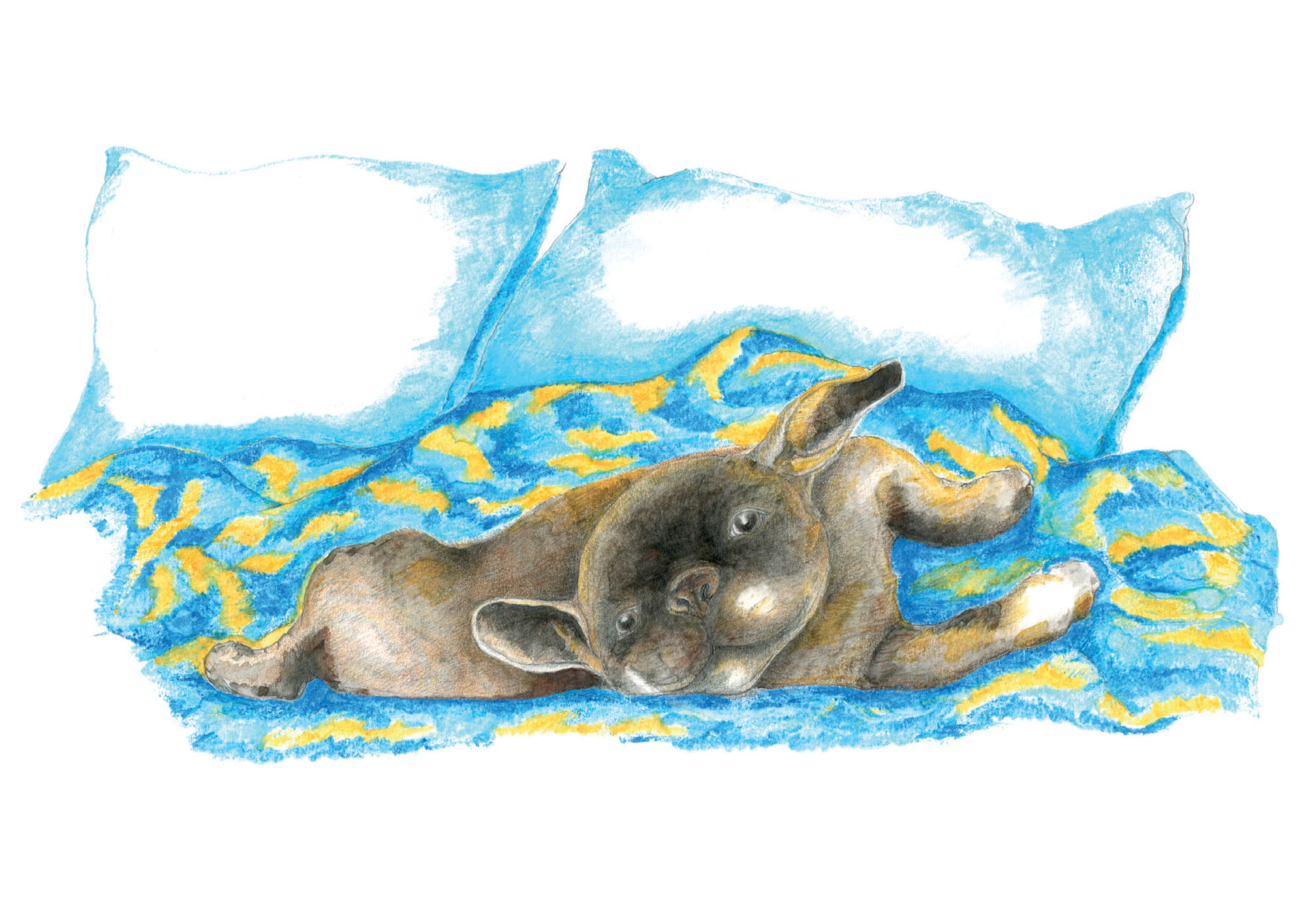 PUPPY ROLLING ON A BED