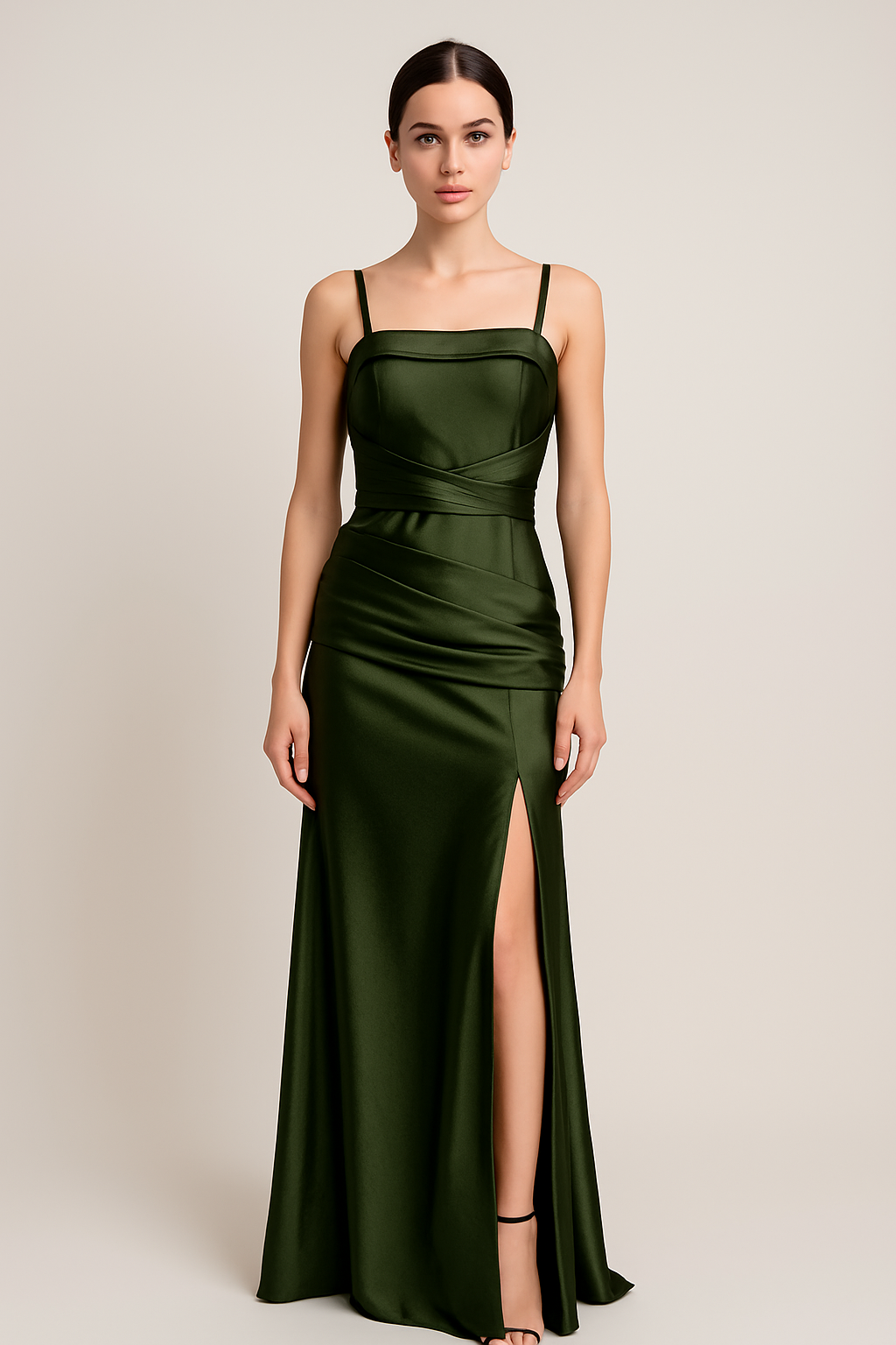 Vestido Longo Verde Oliva de Festa Sereia em Cetim com Fenda e Alças Finas Frente