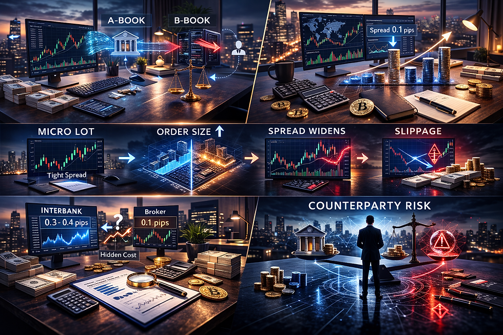 Conceptual comparison of A-Book and B-Book broker models illustrating execution structure, spread behavior, order size impact, and counterparty risk
