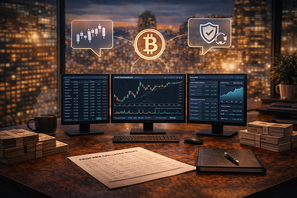 Professional cryptocurrency trading desk with multiple market screens and capital stacks representing live crypto prop trading and digital asset allocation