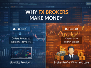 Infographic explaining why FX brokers make money, comparing A-Book routing to liquidity providers and B-Book internalization where brokers profit from retail trader losses