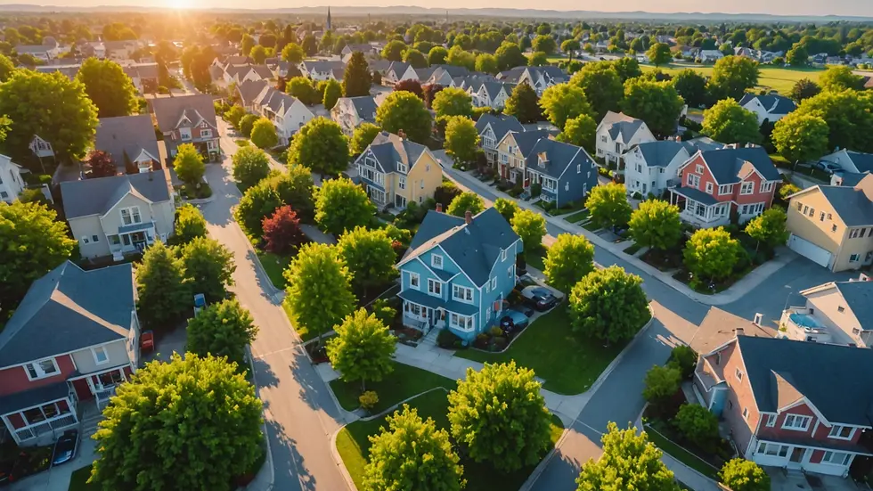 Wide angle view of a vibrant neighborhood landscape