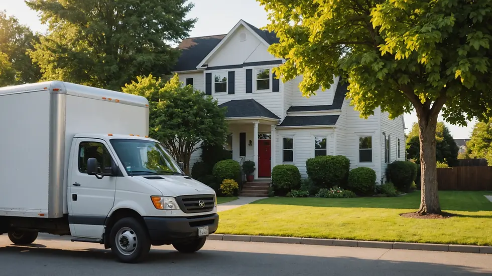 Eye-level view of a professional moving truck parked in front of a house