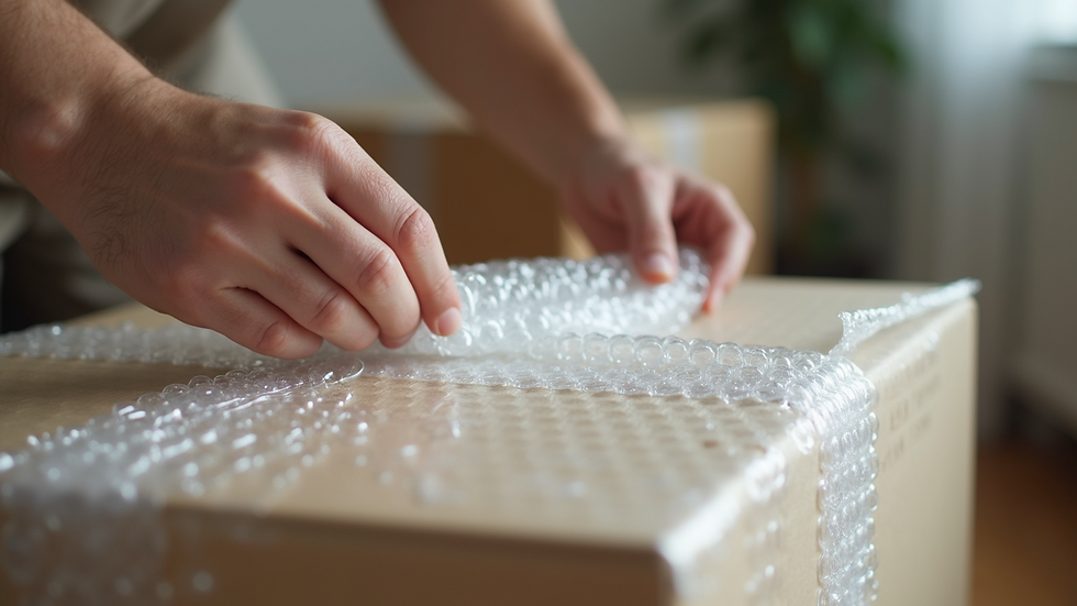 Close-up view of movers carefully packing fragile items with bubble wrap
