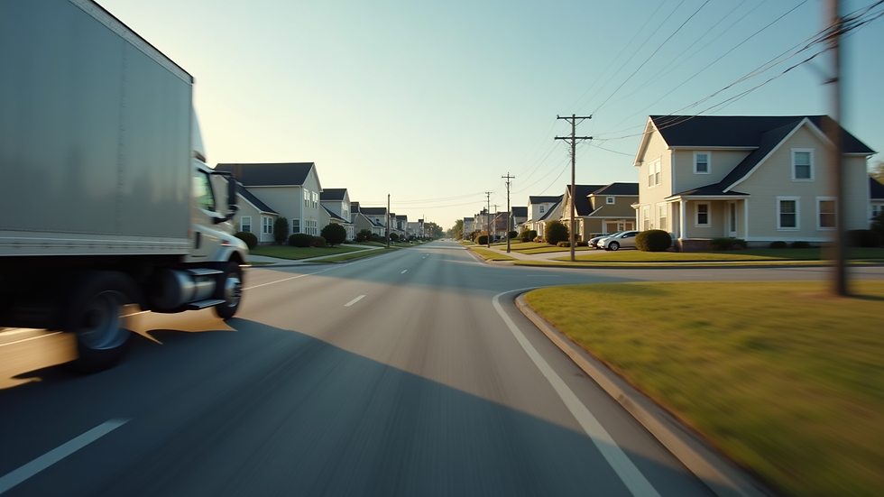 High angle view of a moving truck driving away from a Virginia Beach neighborhood