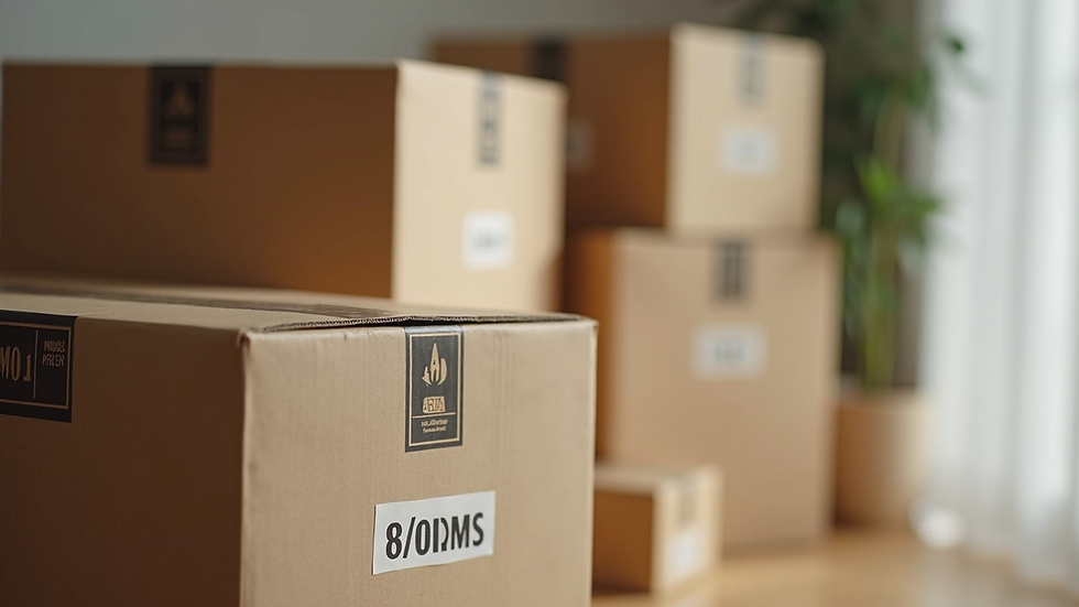Close-up view of neatly packed moving boxes labeled for different rooms