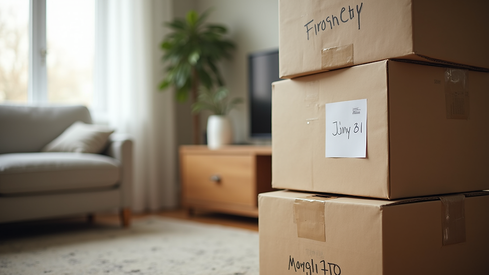 Close-up view of labeled moving boxes stacked in a Virginia Beach living room