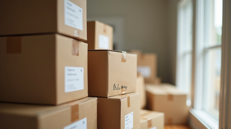 Close-up view of neatly packed and labeled moving boxes stacked in a Virginia Beach home