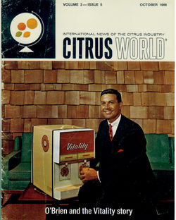 John on the cover of Citrus World Magazine with the orange juice machine he invented.