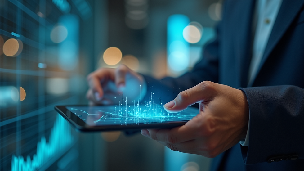 Close-up view of a business professional analyzing AI-generated data on a tablet