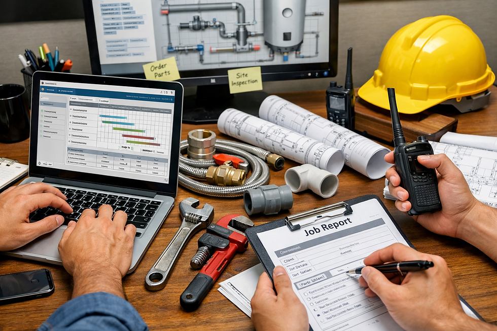 Plumbing project coordination desk with tools, job report, and system schematics on screen