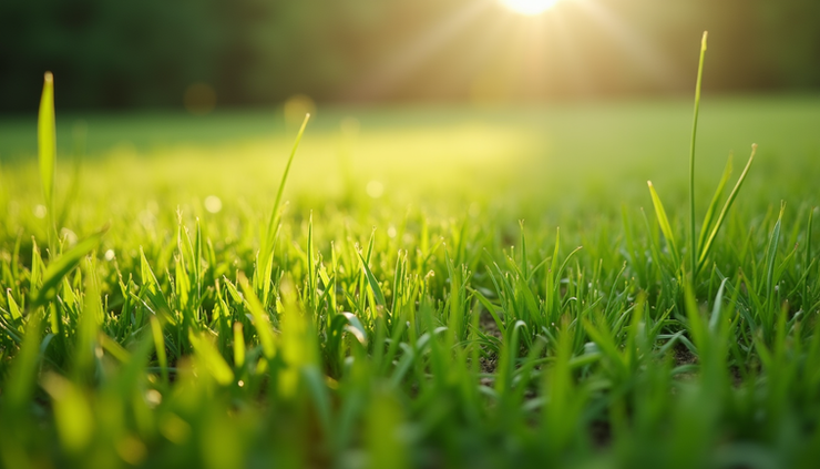 Eye-level view of lush green Iowa lawn with mixed grass seed varieties