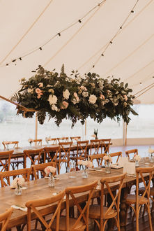 Suspended flower plank marquee wedding Willow Grange Farm