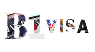 The word "B1 VISA" in large letters, filled with images of passports, a laptop, American flag colors, and a visa stamp.