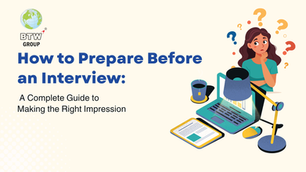 Woman thinking with question marks near laptop and papers. BTW Group logo. Text: How to Prepare Before an Interview.