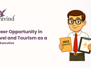 Cartoon-style MICE Executive holding a file labeled ‘MICE Executive’ in one hand and a clipboard with an airplane icon in the other. The character is wearing glasses, a white shirt, and a red tie, placed on the right side with a dotted background. The left side shows the Travind logo and the heading ‘Career Opportunity in Travel and Tourism as a MICE Executive.