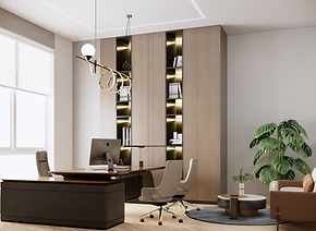 An office space with beautiful interior, greenery, and big windows can be designed to create a harmonious and inspiring work environment. Walking further into the office, you'll notice an open-plan layout that encourages collaboration and interaction.