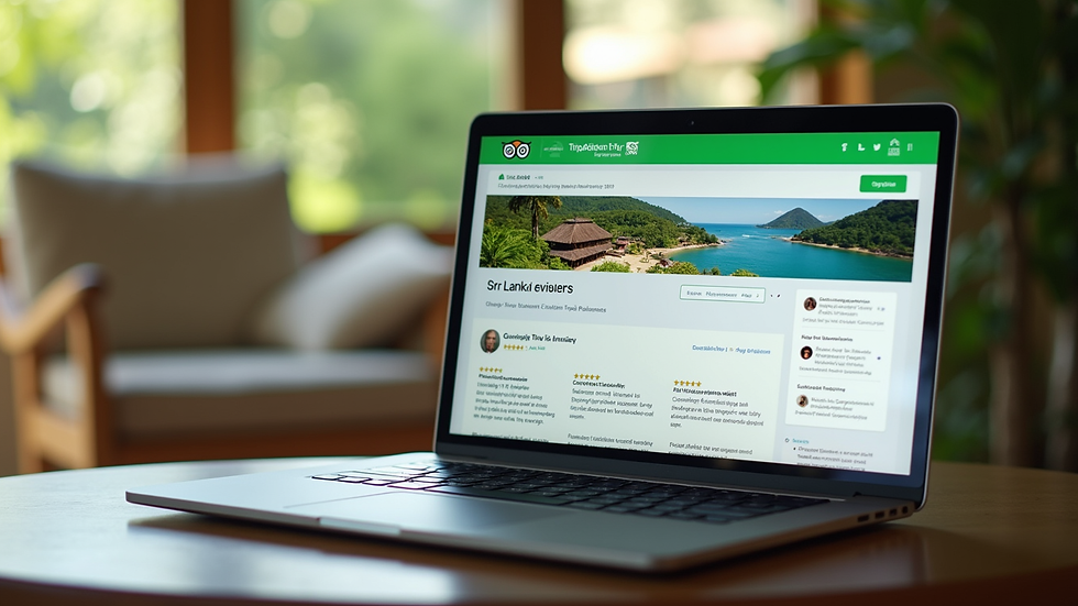Wide angle view of a laptop screen showing TripAdvisor reviews for Sri Lanka tours