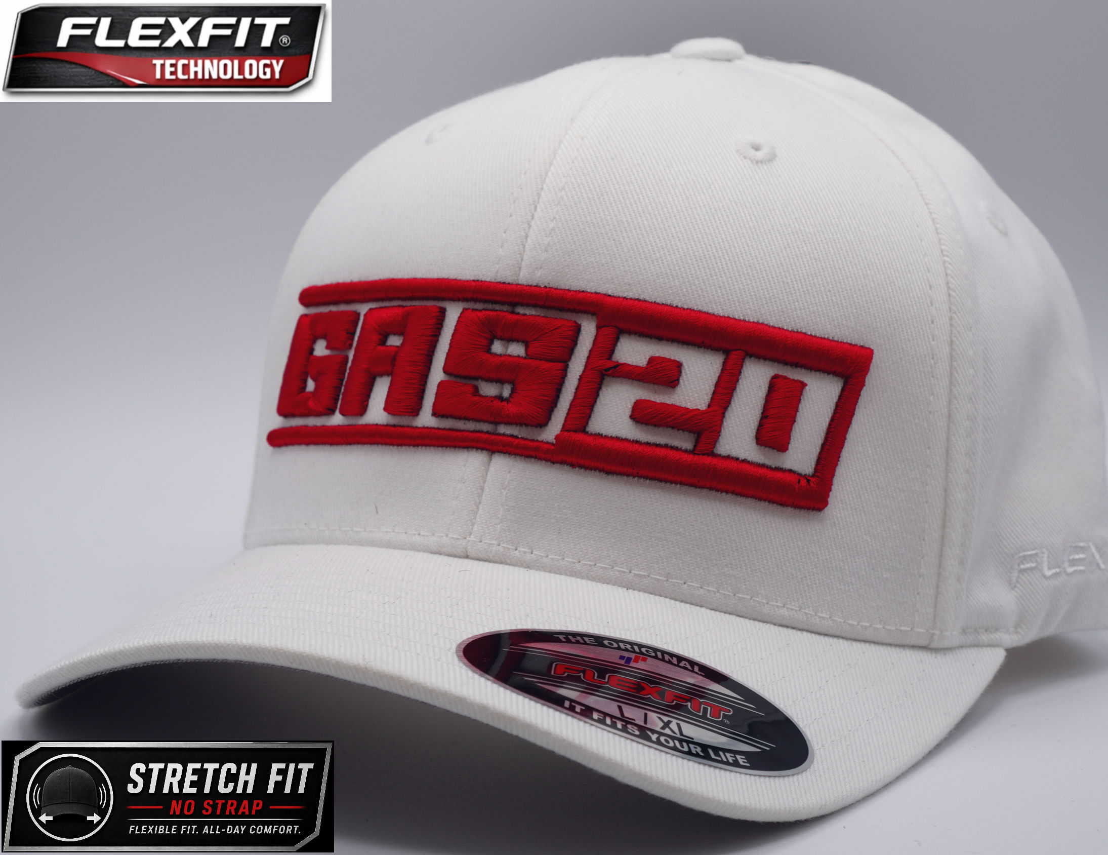 GAS20 Industries 3D Embroidery Cap - Red on White