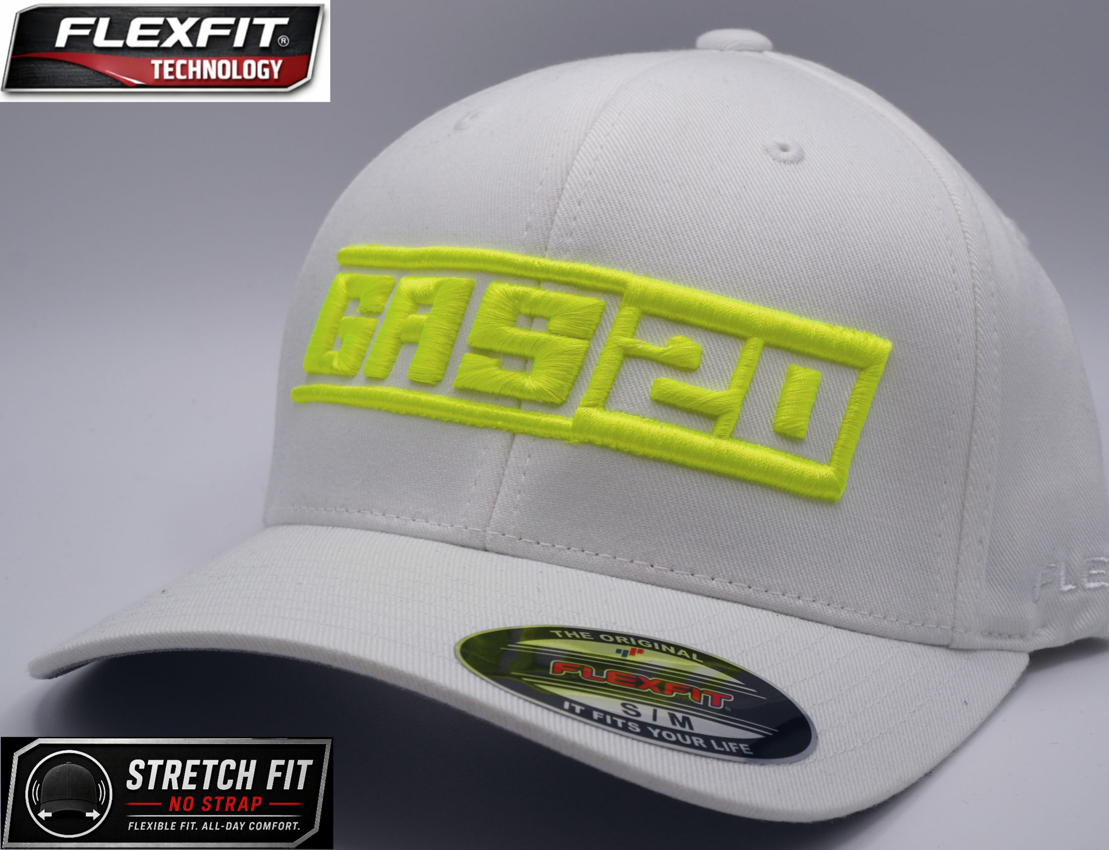 GAS20 Industries 3D Embroidery Cap - Fluro Yellow on White
