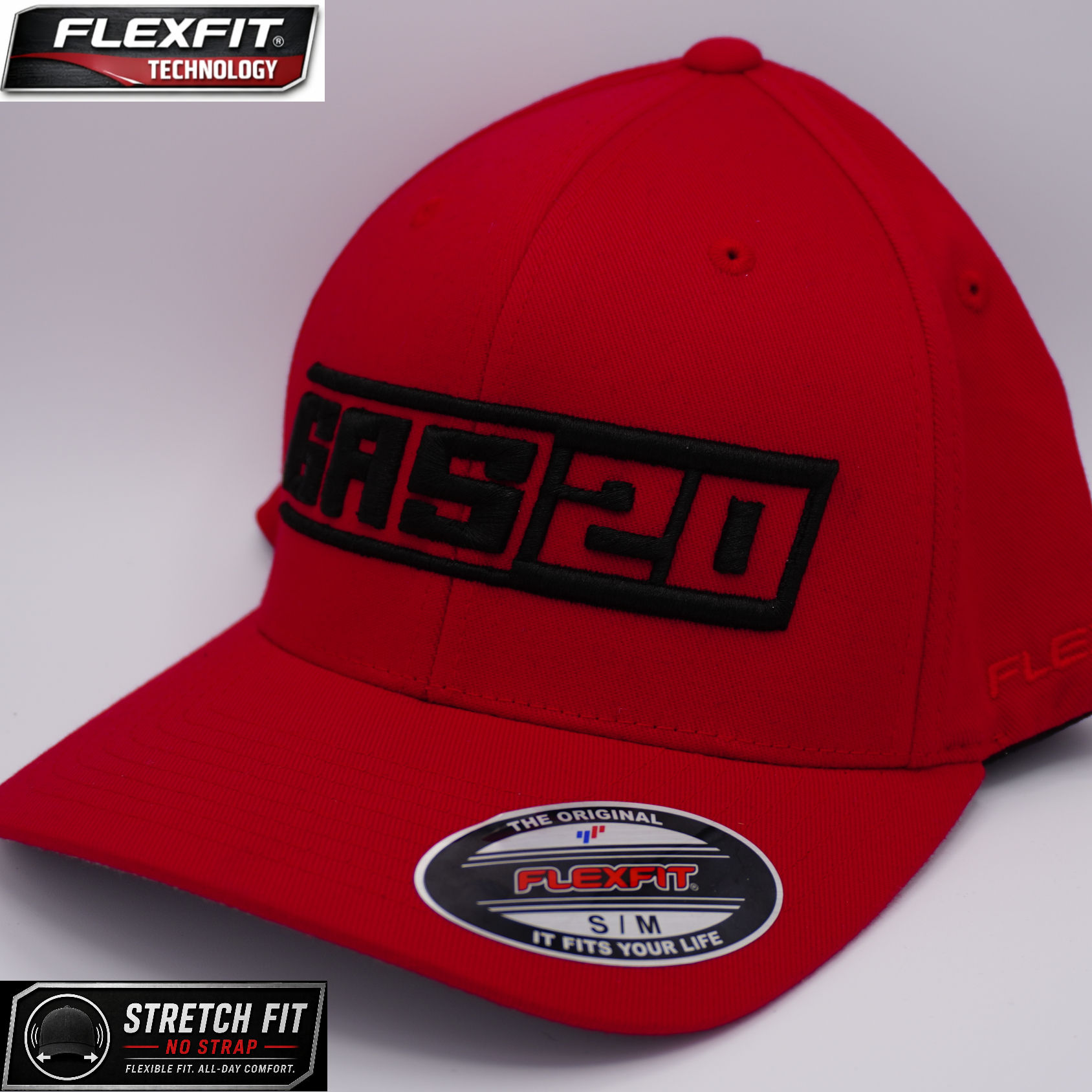 GAS20 Industries 3D Embroidery Cap - Black on Red