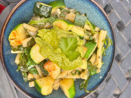 Cooking seasonally with what was is available. Cilantro pesto and backyard greens foraging pasta.
