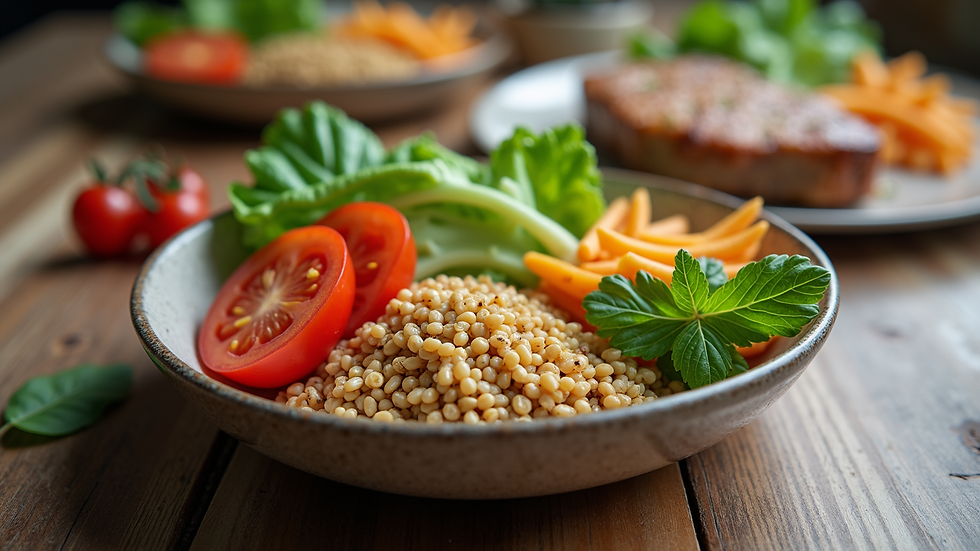High angle view of a balanced meal with vegetables, grains, and protein