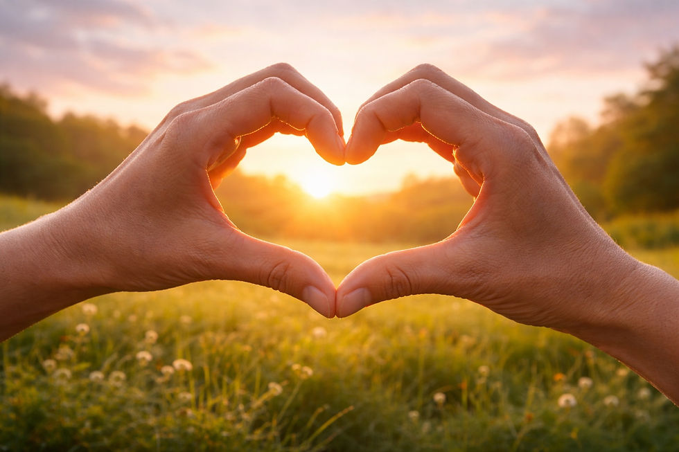 Hands forming a heart shape with the sun shining through over a blurred green meadow at sunrise, symbolizing heart health and care.
