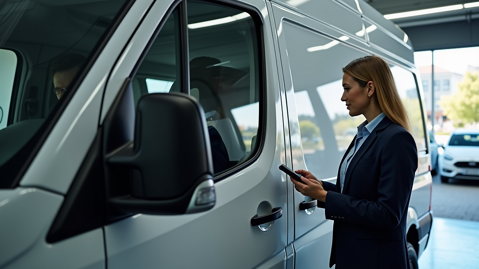 Close-up view of a salesperson showing Sprinter van features to a customer