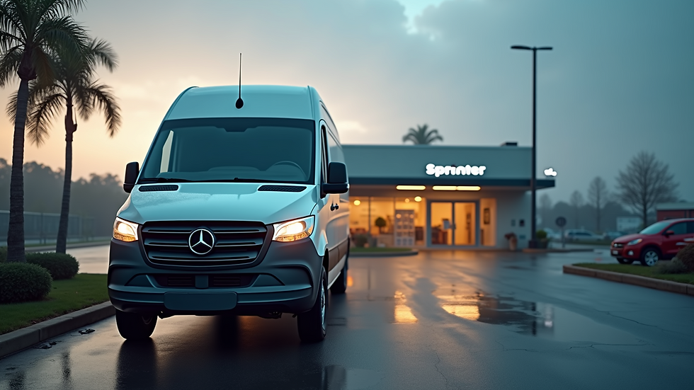 Wide angle view of a sprinter van dealership