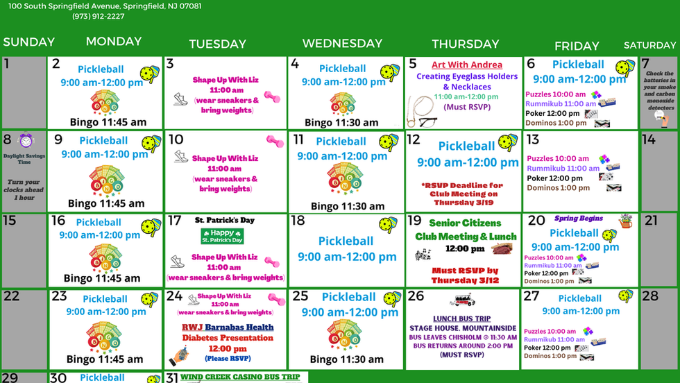 Recreation Department Announces March 2026 Calendar for 55+ Community