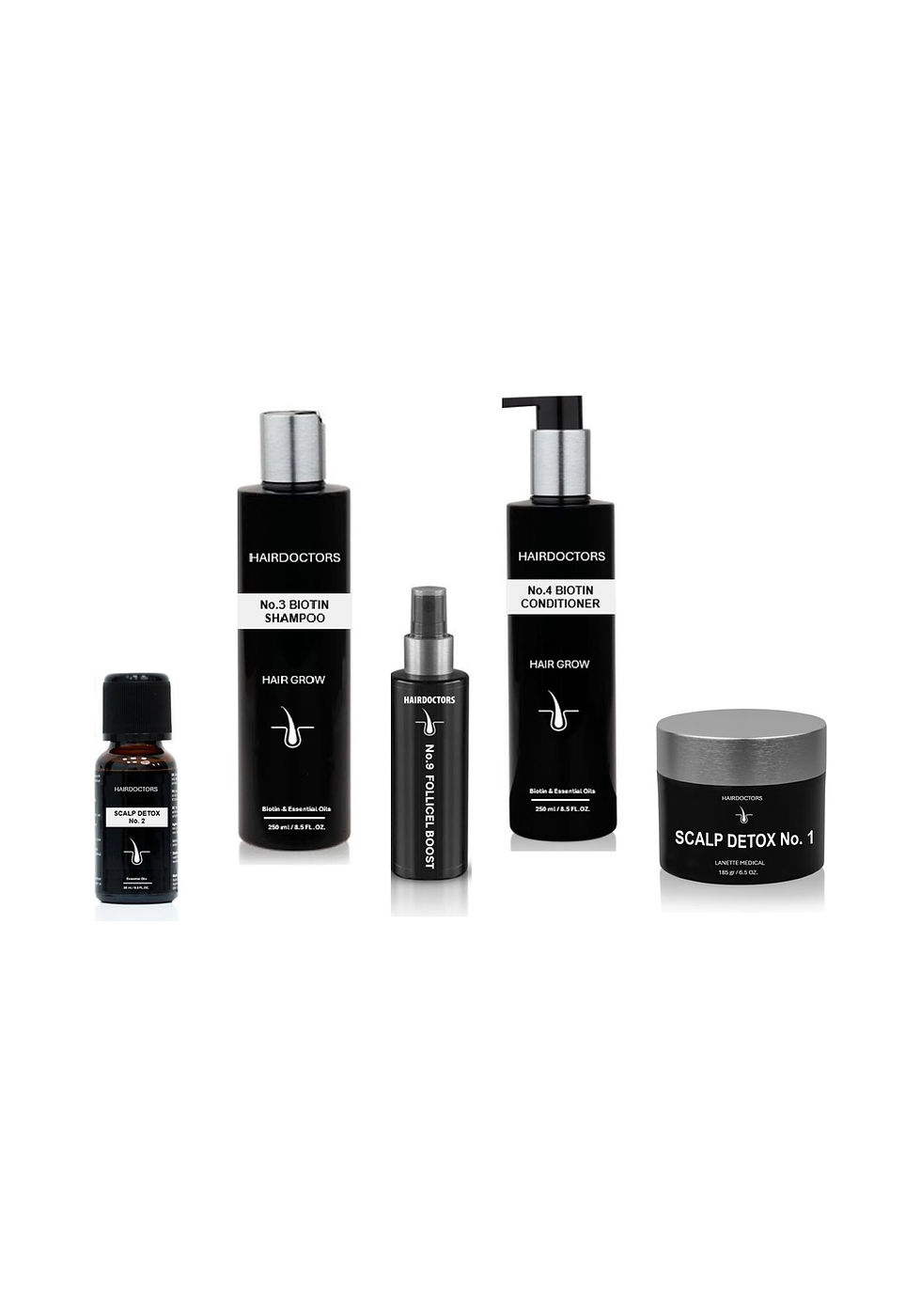 De productlijn van HairDoctors: Scalp Detox, Biotin Shampoo en Conditioner en Follikel Boost