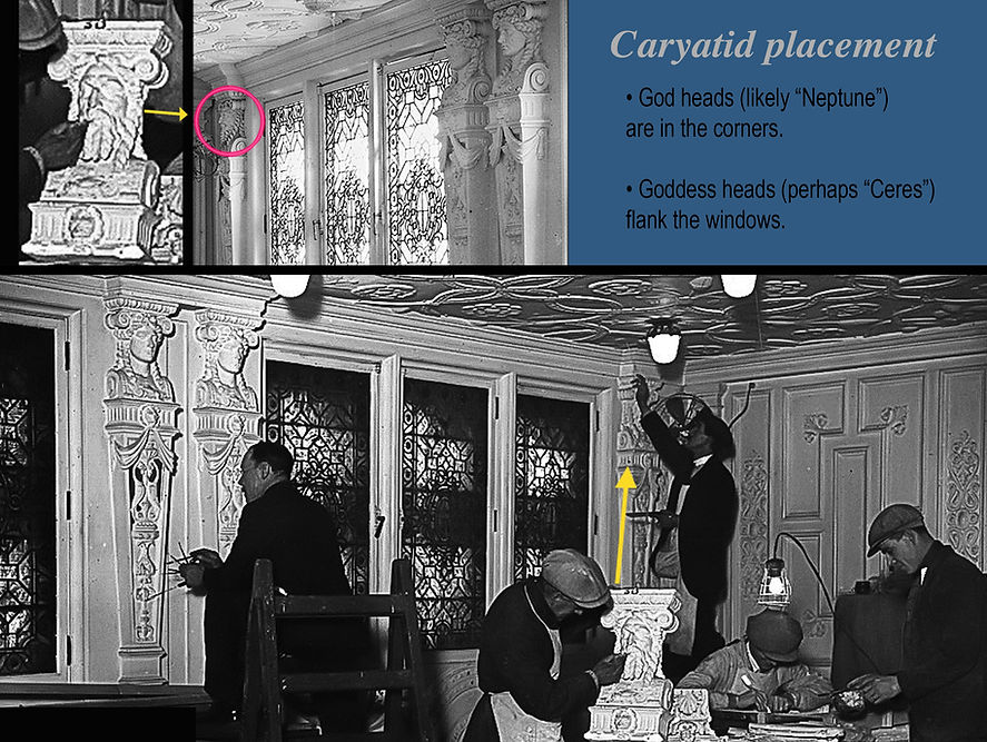 RMS Olympic Dining Saloon Neptune and goddess heads.