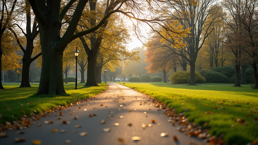 Eye-level view of a serene park with a walking path