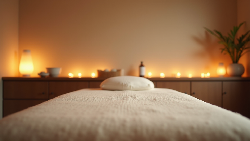 Eye-level view of a massage table with soft lighting in a calm therapy room