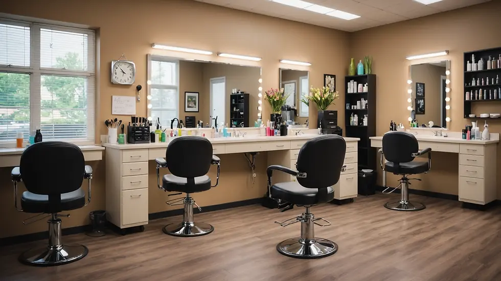 Close-up view of a cosmetology classroom with equipment