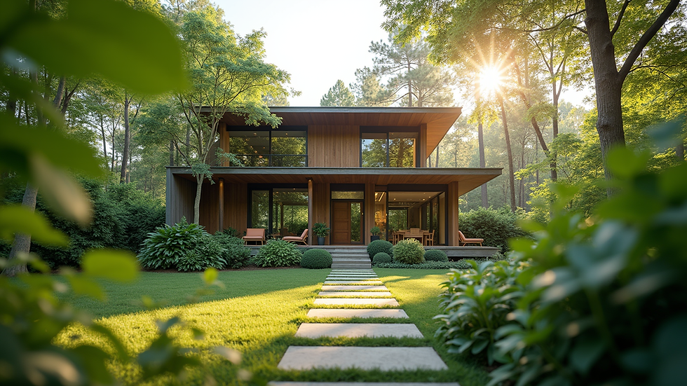 Eye-level view of a modern eco-friendly home surrounded by lush greenery