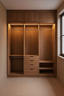 Minimalist Full-Wall Wooden Wardrobe with Earthy Tones, Open Shelving, and Modern Drawer D