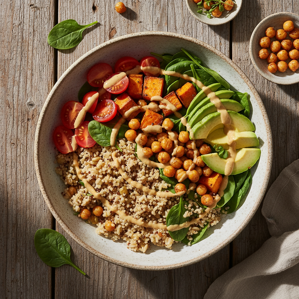 A beautifully assembled grain bowl with quinoa, roasted vegetables, avocado, and tahini dressing