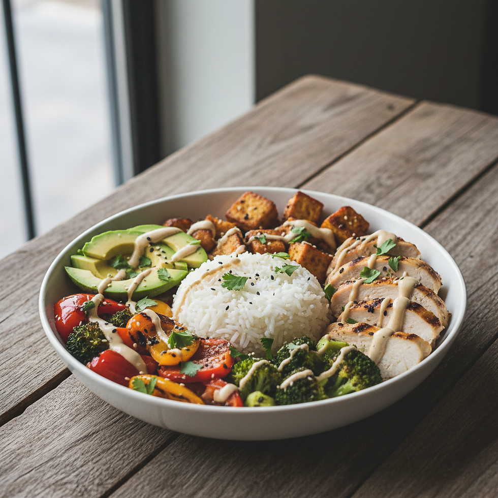 A nourishing comfort bowl with grilled chicken, tofu, roasted vegetables, avocado, and tahini drizzle